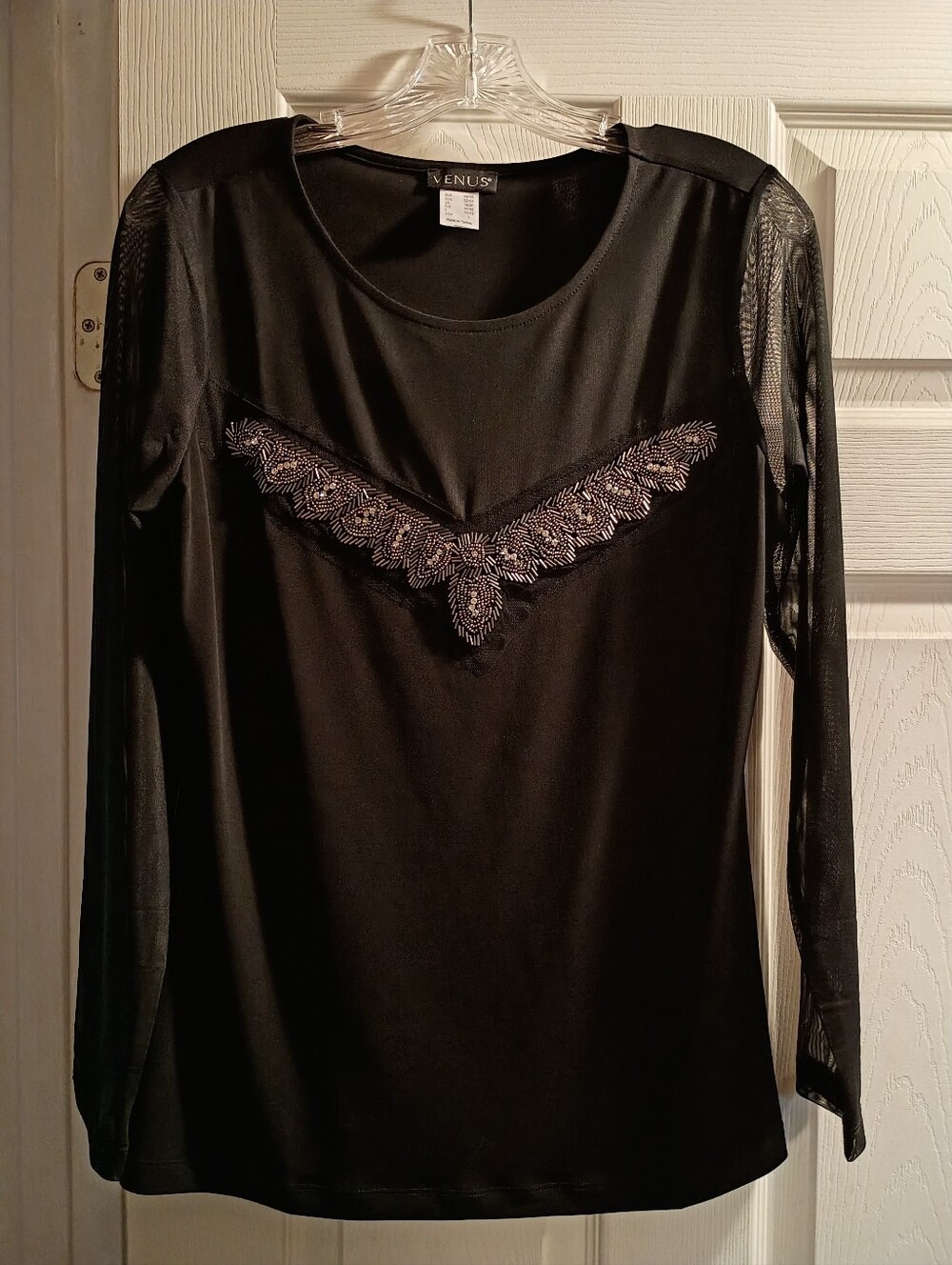NWOT VENUS Black Long Sleeve Top with Silver Rhinestone's and Bead's V Applique